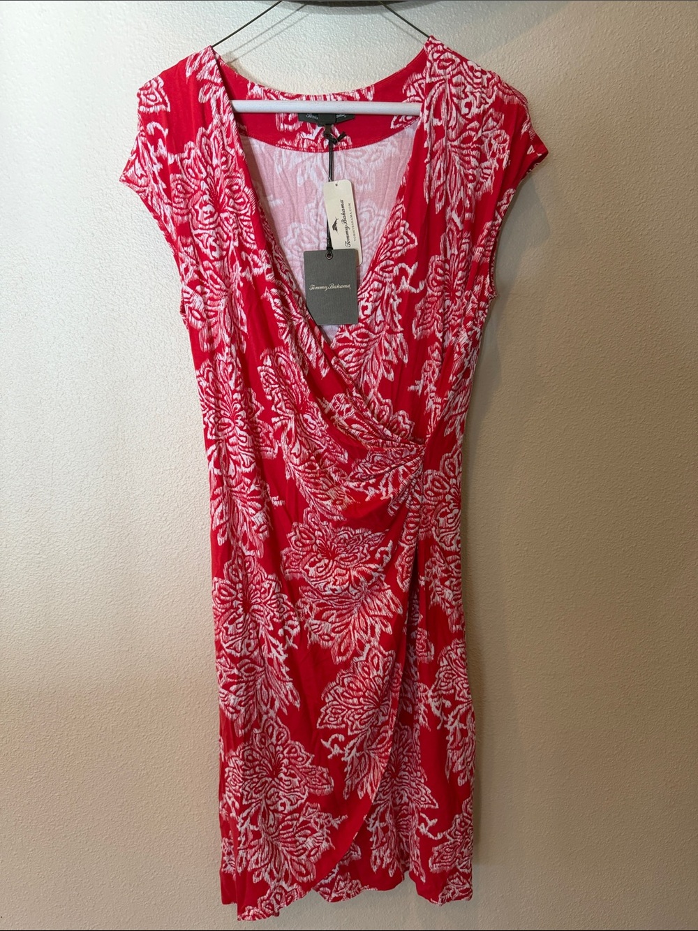 Tommy Bahama Pink-Red Floral Faux Wrap Midi Dress